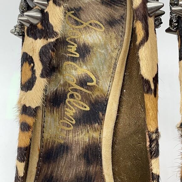Sam Edelman Lorissa Heels Leopard Print Stud Spiked Pony Hair Peep Toe Size 6 - Picture 4 of 13